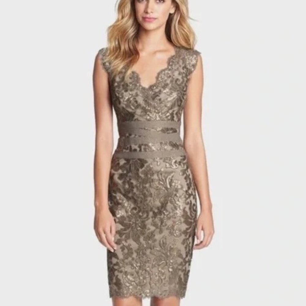 $338 Tadashi Shoji Sequined Lace Smoked Pearl Grey Bronze Waist Detail Dress 4